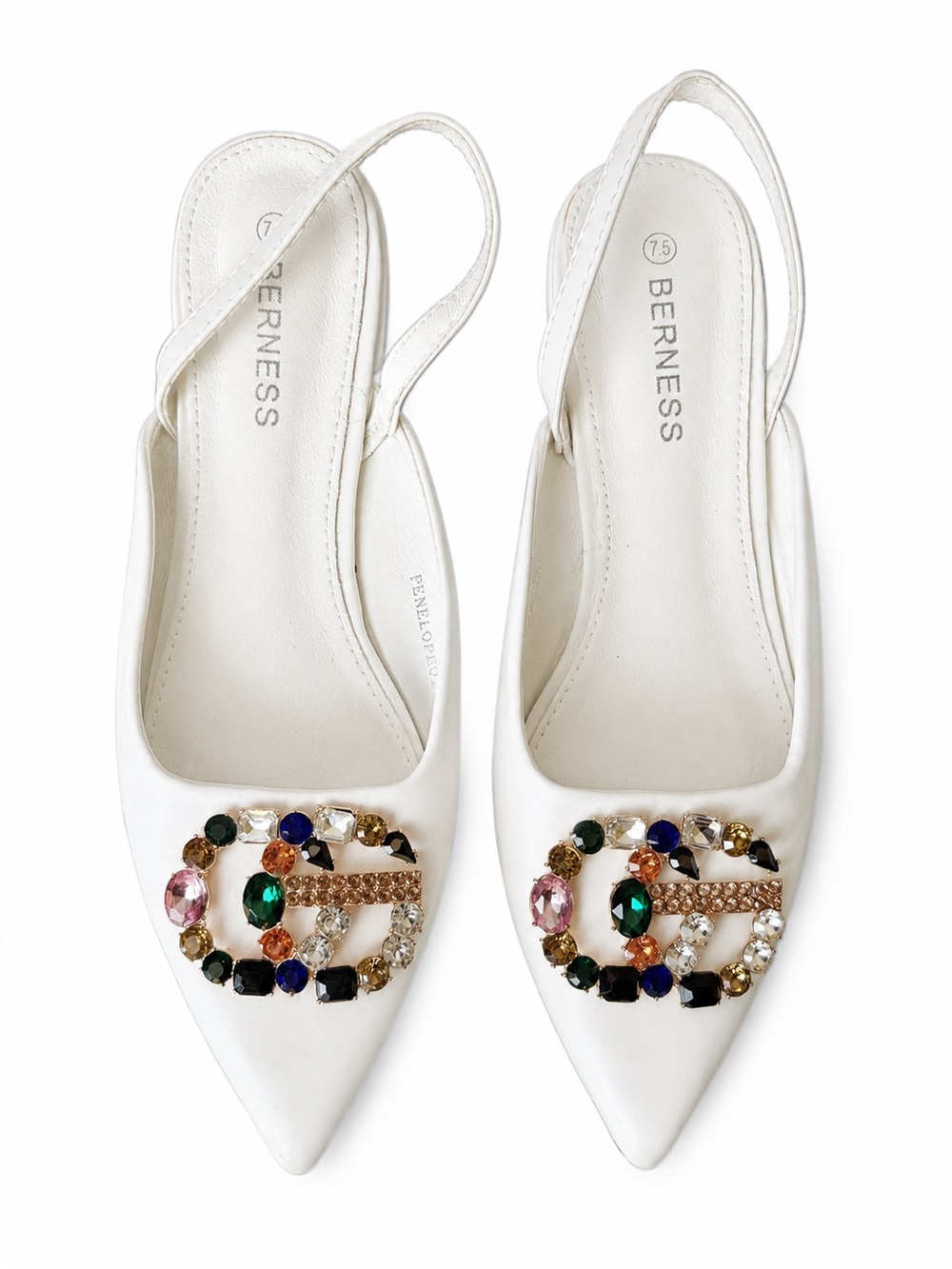 BERNESS White Embellished Pointed Slingback Flats
